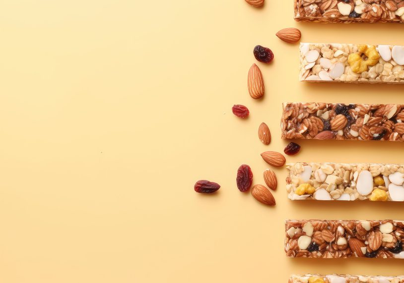Top view of various healthy granola bars, muesli, cereal, nuts. 